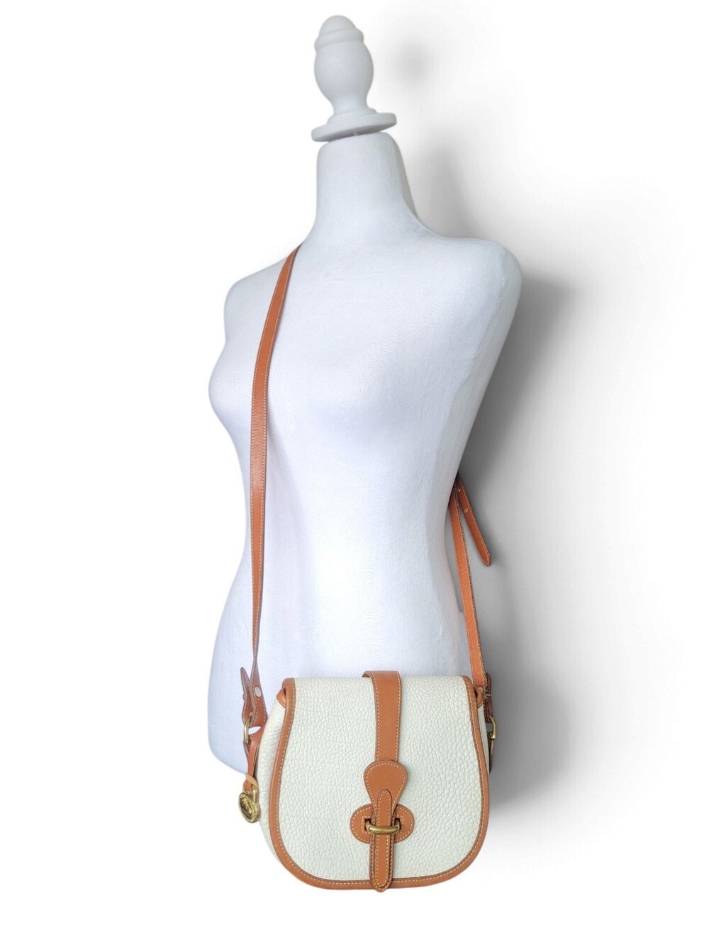 Vintage Dooney & Bourke Cream and Tan Leather Crossbody Saddle Bag